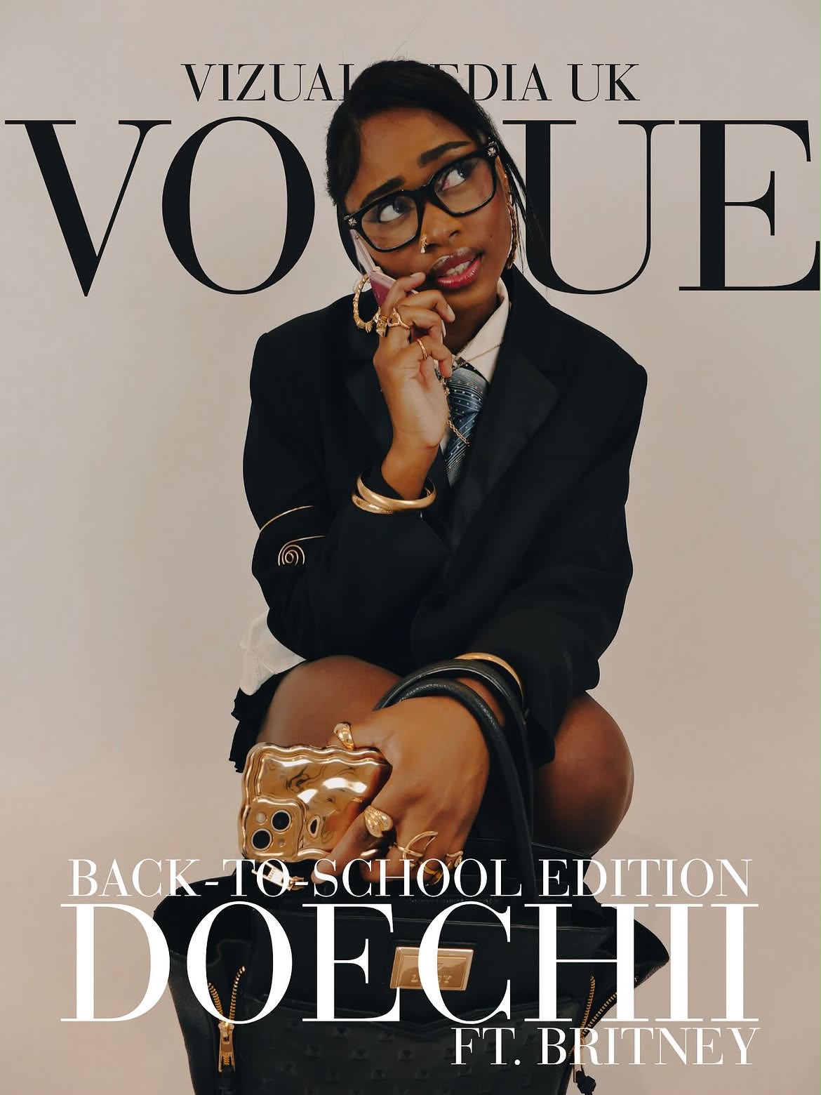 Magazine-style cover shoot: model in black blazer and glasses